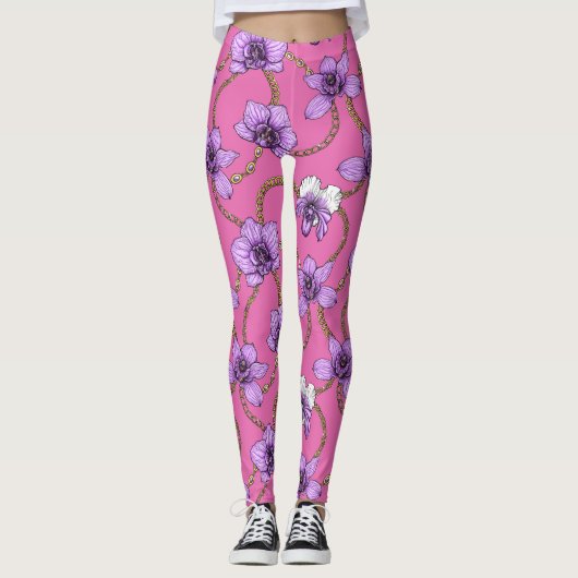 Leggings Orchidées et chaînes, violet et rose (Devant)