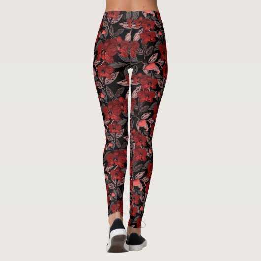 Leggings Orchidées rouges sur noir. (Dos)