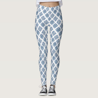 Leggings Ornement brodé bleu sur blanc