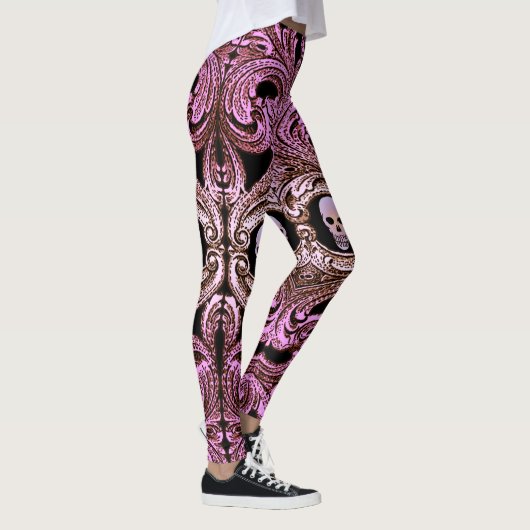 Leggings Ornement rose Goth avec crâne (Droite)