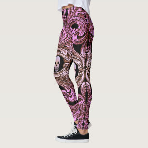 Leggings Ornement rose Goth avec crâne