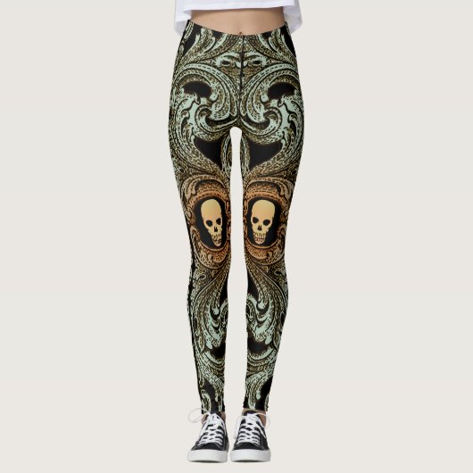 Leggings Ornement Vert Goth Sage Avec Crâne (Devant)