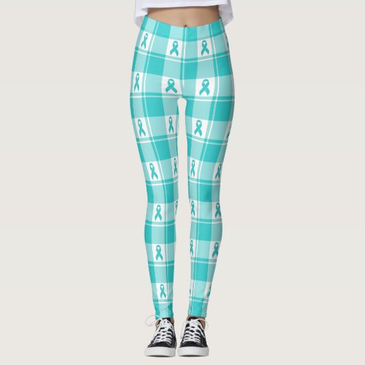 Leggings Ovarian Cancer Awareness Plaid Teal Ribbon (Devant)