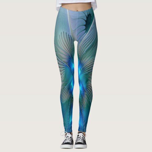 Leggings Ovations debout, fractale bleue turquoise abstrait (Devant)