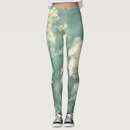 Leggings Pale Pastel Vert Jaune Fleurs de prairie Fluide (Devant)