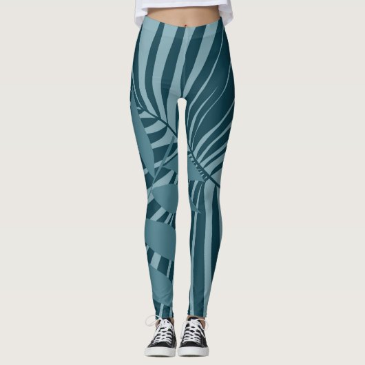 Leggings palme & feuille tropicale abstrait en gris vert bl (Devant)