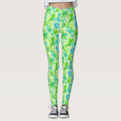 Leggings Palme tropicale vert clair et soleil bleu (Devant)