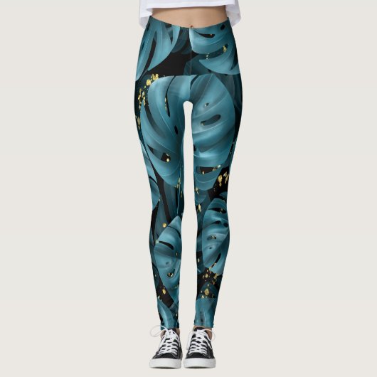 Leggings Palmier De Monstera, Plat D'Or Sans Couche. (Devant)