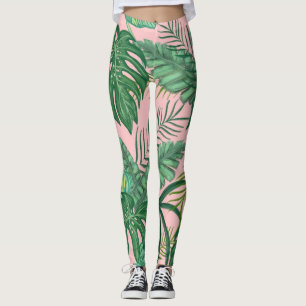 Leggings Palmiers tropicaux Feuilles Motifs à pattes roses