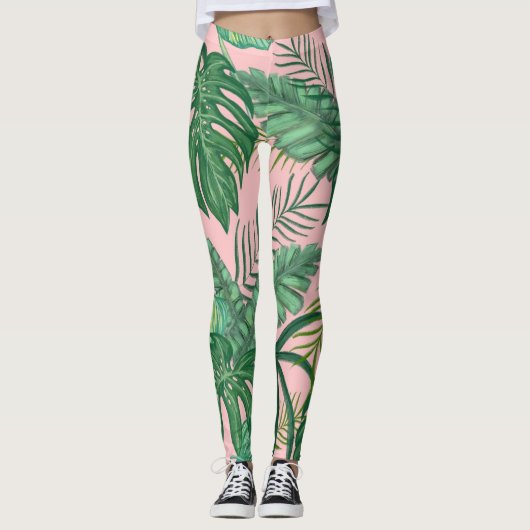 Leggings Palmiers tropicaux Feuilles Motifs à pattes roses (Devant)