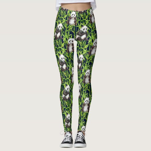 Leggings Panda avec le motif en bambou d'aquarelle (Devant)