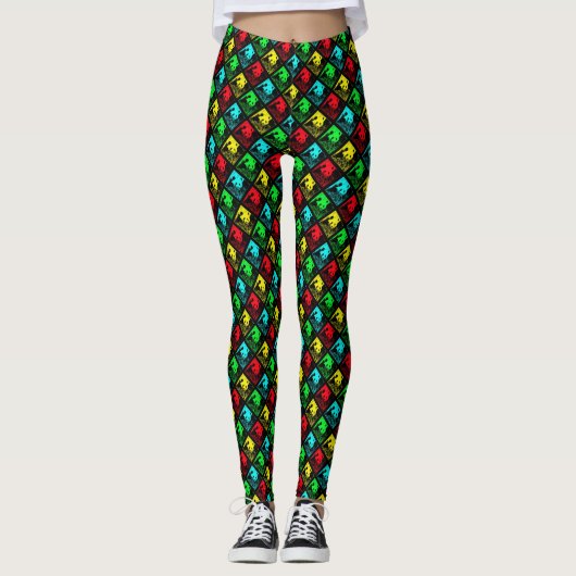Leggings Pandas d'art rouge vert bleu et jaune pop (Devant)