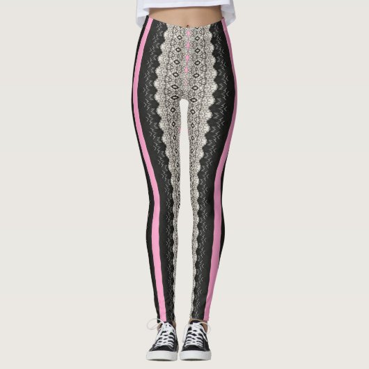 Leggings Panneaux de dentelle noir et blanc avec pattes ros (Devant)