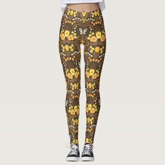 Leggings Pansies jaunes, oiseaux et papillons (Devant)