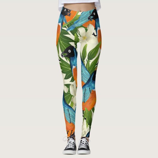 Leggings papaye tropicale et motif d'oiseaux. (Devant)