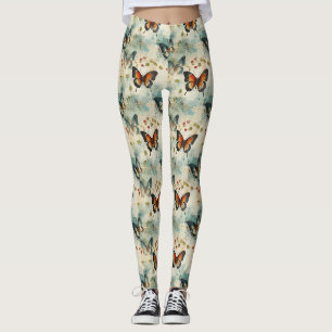 Leggings Papier Botanique Papillon Sarcelle Orange Vintage