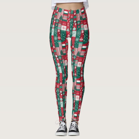 Leggings Papier de Noël classique Motif rouge vert (Devant)