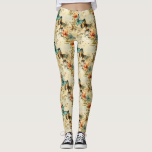 Leggings Papier floral papillon sarcelle orange antique