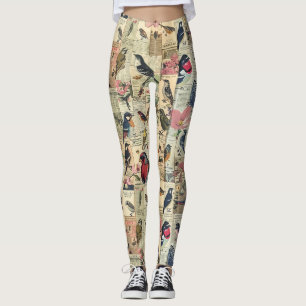 Leggings Papier Journal Botanique Papillon Oiseau Vintage