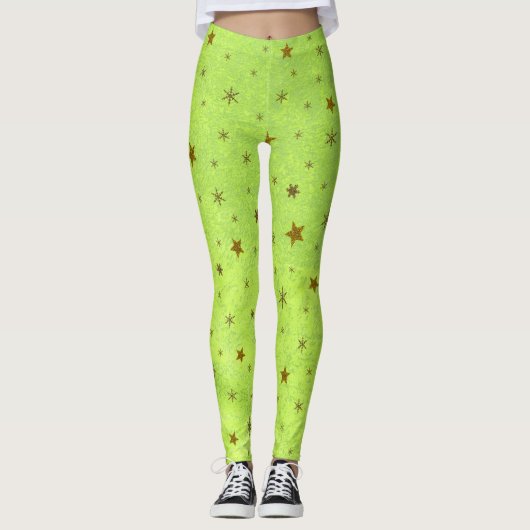 Leggings Papier vert Abstrait aux étoiles brillantes d'or (Devant)