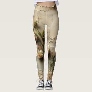 Leggings Papier vieilli avec motif de fleurs rustiques blan