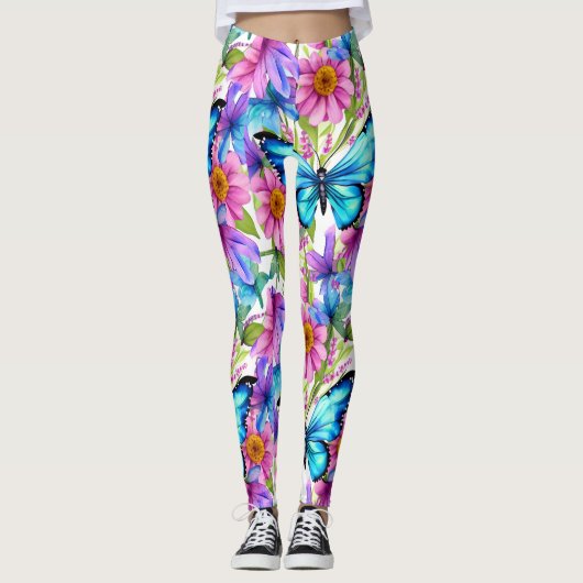 Leggings Papillon bleu dans un champ de fleurs (Devant)