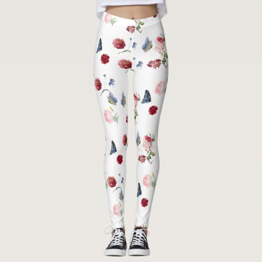 Leggings Papillon bleu rouge et rose Fleur Motif floral (Devant)