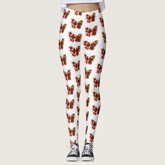 Leggings Papillon de fleurs rouges aux roses rouges (Devant)