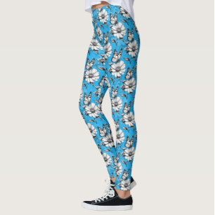Leggings Papillon sur Motif de fleurs Design bleu