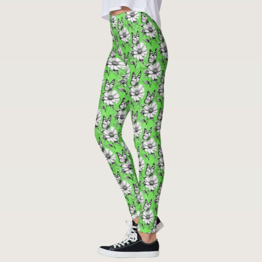 Leggings Papillon sur Motif de fleurs Design vert