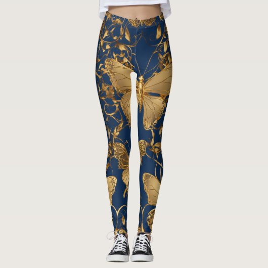 Leggings Papillons bleus métalliques avec Vins d'or (Devant)