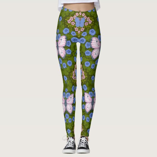Leggings Papillons et symétrie des fleurs, bleu et rose (Devant)
