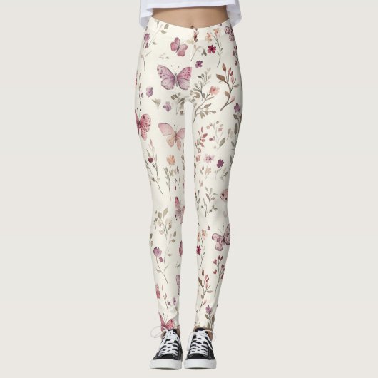 Leggings Papillons Fleuris Crème Violette (Devant)
