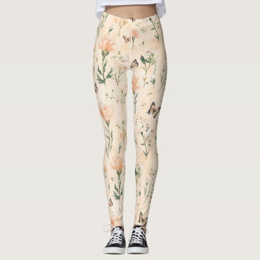 Leggings Papillons Floraux de Pêche (Devant)