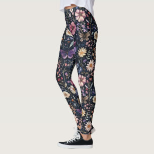 Leggings Papillons Floraux Noir Violet Jaune Rose