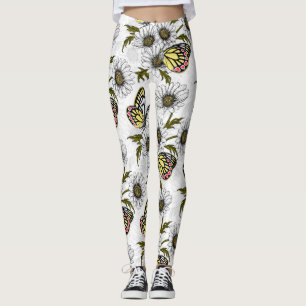 Leggings Papillons Jézabel et fleurs marguerites sur blanc