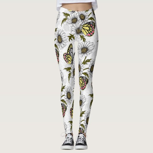 Leggings Papillons Jézabel et fleurs marguerites sur blanc (Devant)