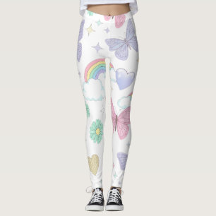 Leggings Papillons pastel mignons, fleurs et arc-en-ciel