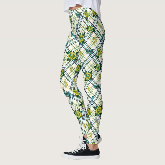 Leggings Papillons Rose de tatouage Turquoise jaune Plaid (Gauche)