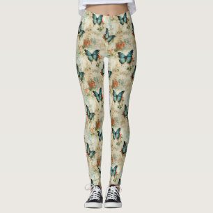 Leggings Papillons Turquoise Vintage Floral Rustique