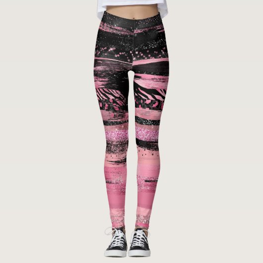 Leggings Parties scintillant d'aquarelle noire rose Paint à (Devant)