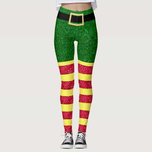 Leggings Parties scintillant Elf Noël Rouge Vert Jaune (Devant)