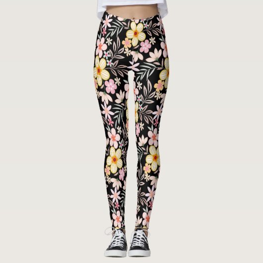 Leggings Pastel Floral motif C03.bw Black BG (Devant)
