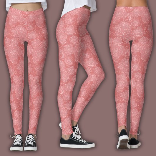 Leggings Pastel Floral Pattern | Soft Rose Line Art 