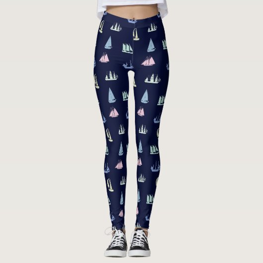 Leggings Pastel Sailboat Motif sur Midnight Blue (Devant)
