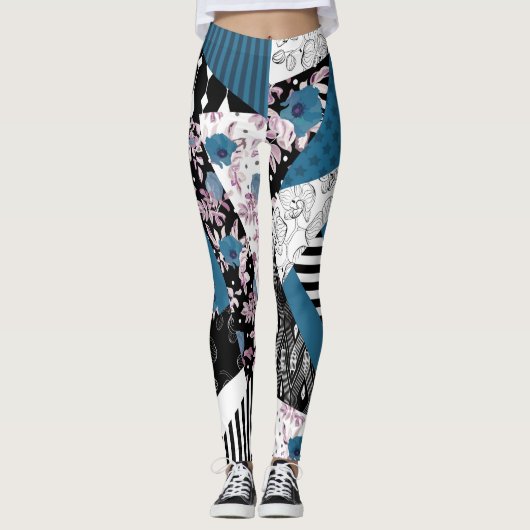 Leggings patchwork bleu, populaire, patchwork, folle, rusti (Devant)