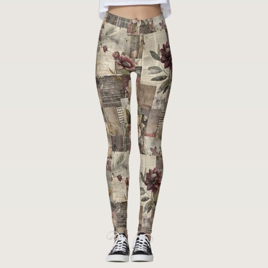 Leggings Patchwork Botanique Rustique Vintage (2) (Devant)