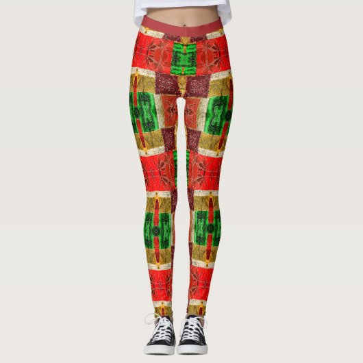 Leggings Patchwork Fabric Print Orange Green Gold élégant (Devant)