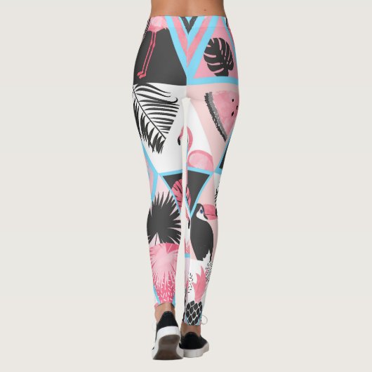 Leggings Patchwork flamingo tropical, motif de palmier. (Dos)