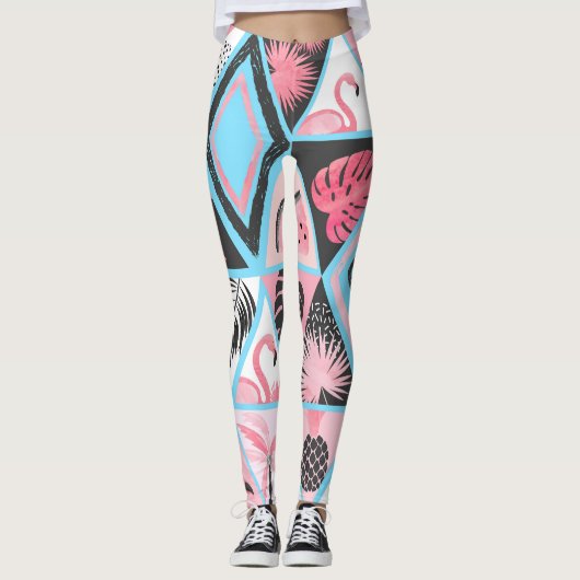 Leggings Patchwork flamingo tropical, motif de palmier. (Devant)